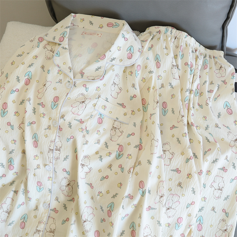 Cute Kawaii Flower Bear Pama Long Sleeve Lapel Top and Elastic Waistband Pants Set Autumn Women's Sleepwear Loungewear