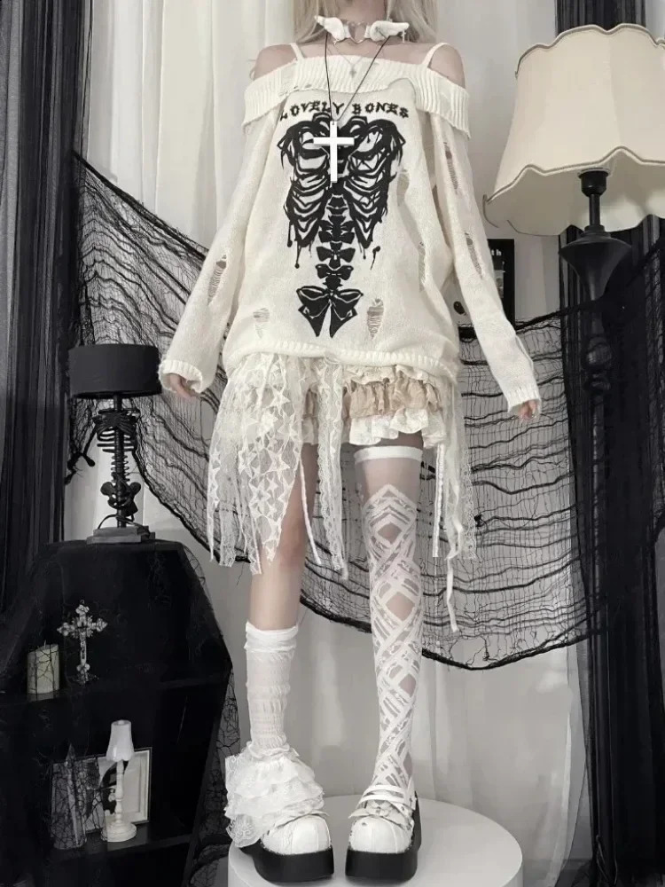 HOUZHOU Y2k Harajuku Gothic Knitted Pullovers Women Japanese Fashion Sexy Skull Off The Shoulder Punk Girls Hole Loose Sweater 240812