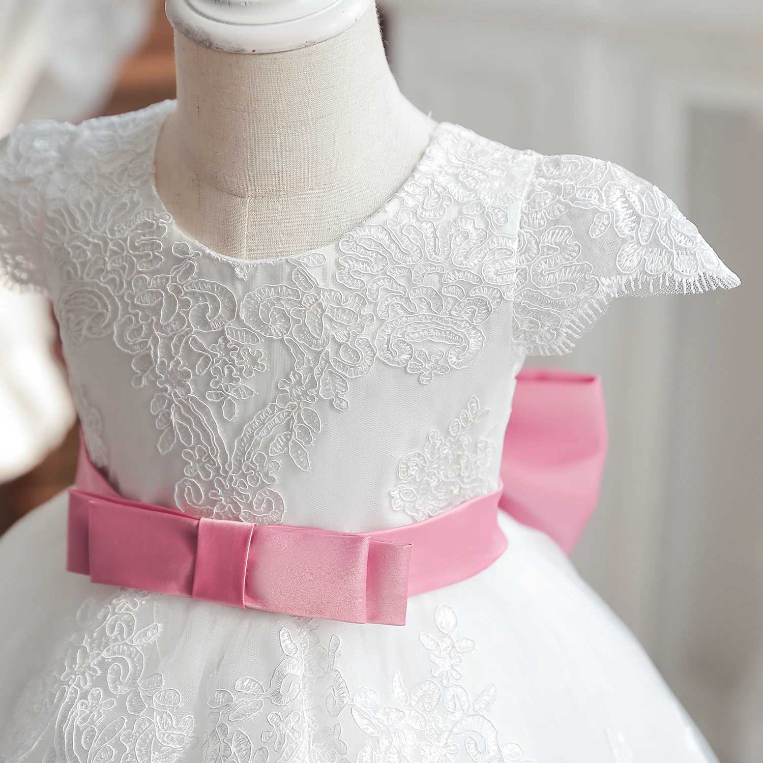 Baby Girl White Baptism Dress Infant 1st Birthday Pink Bow Tutu Gown Flower Girl Dress for Wedding Ceremony Summer Party Costume X250203