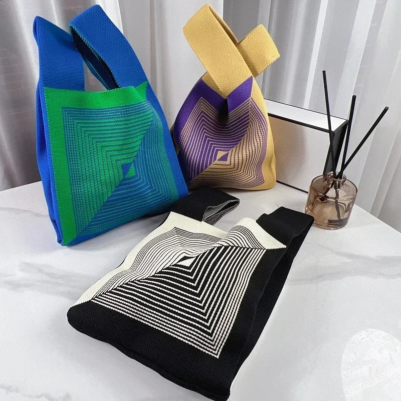 Handmade Knit Handbag Women Mini Knot Wrist Bag Japanese Casual Color Wide Stripe Plaid Tote Student Reusable Shopping Bags 240801