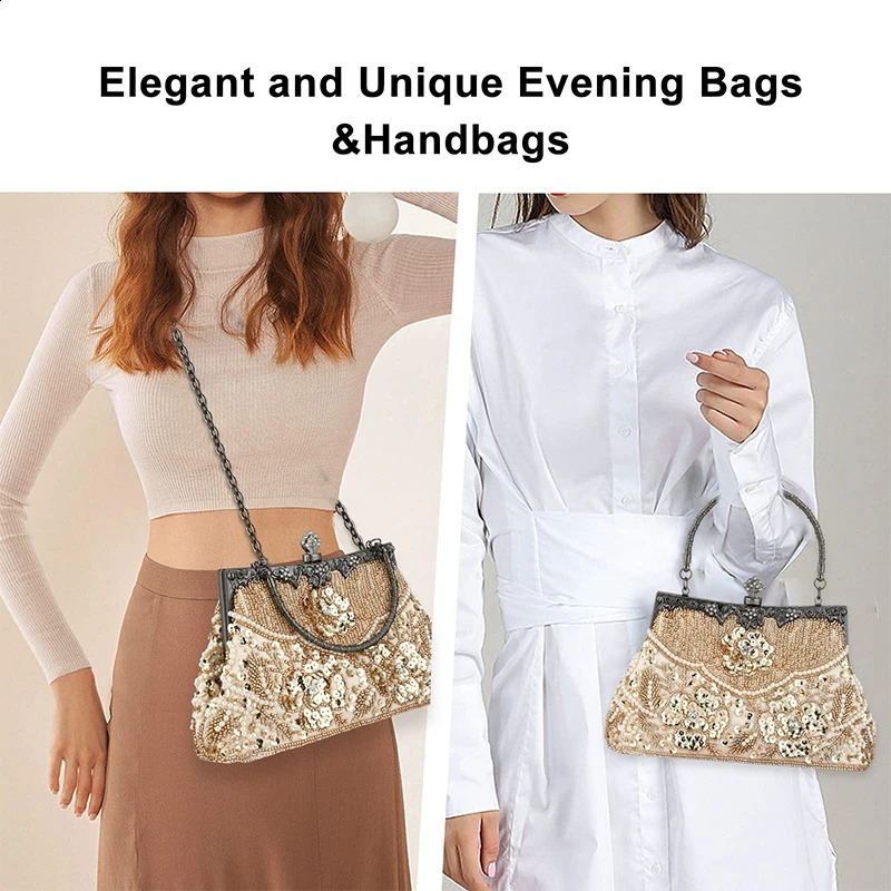 Womens embroidered bead sequin evening handbag retro shoulder bag wedding party elegant top 240724