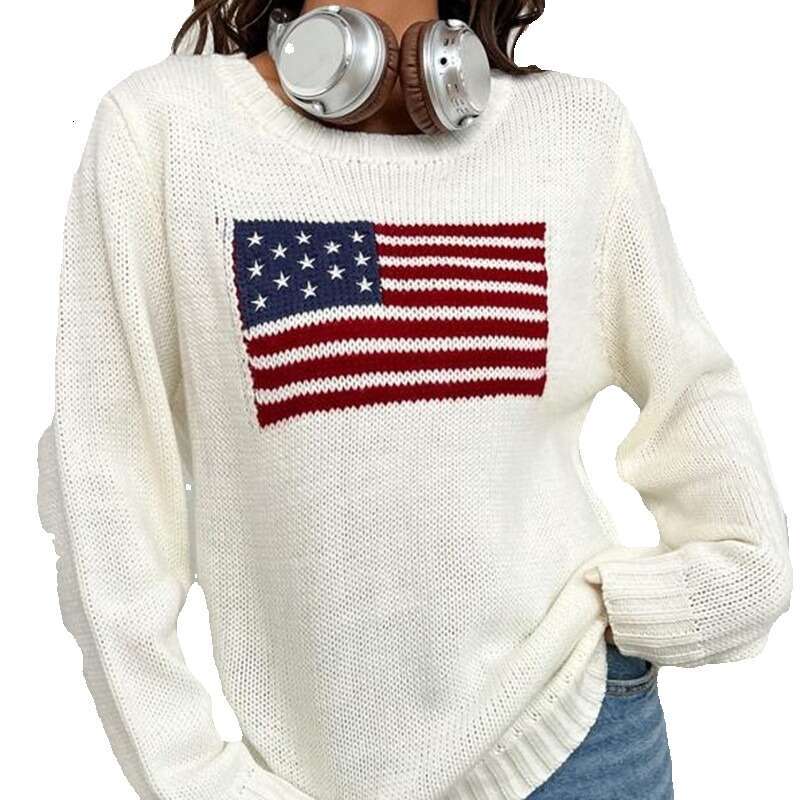 Autumn Winter New Loose Round Neck Flag Pattern Simple and Versatile Knitted Sweater