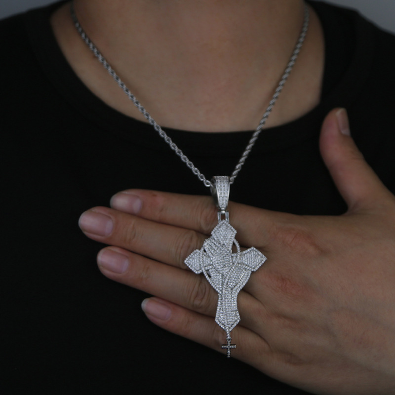 Hip Hop Prayer Hands Cross Pendant Necklace 5A Zircon White Gold Plated Religious Jewelry