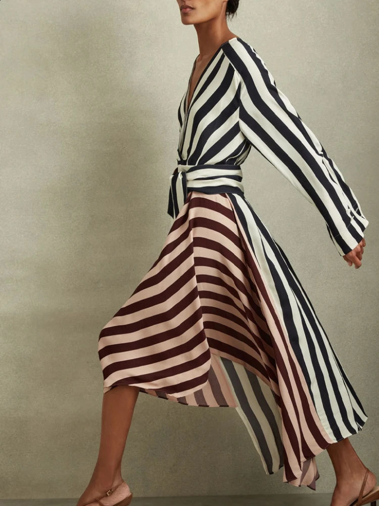 Women Long Sleeve Plunge V-neck Colourblock Stripe Asymmetric Midi Dress 240731