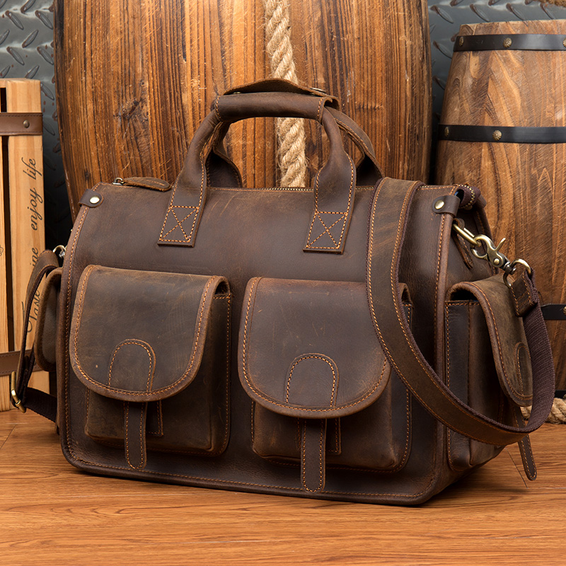 Free Shipping Men Top Grade Men's Genuine Briefcase Handbags Crazy Horse Hand Bag Thick Real Leather Shoulder Bag Designer Bag Luxury Bag Tote Ba