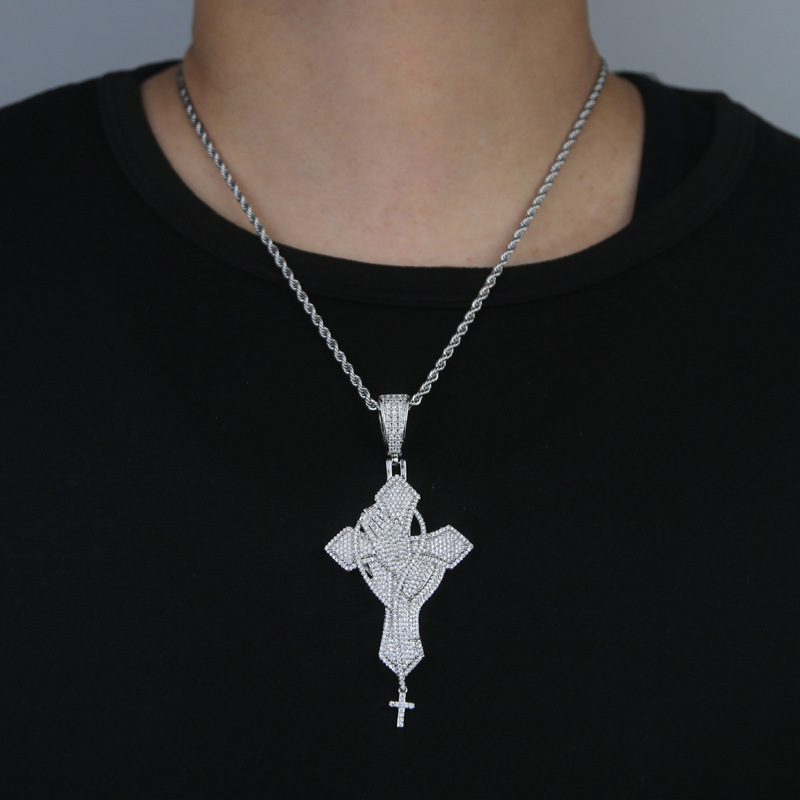 Hip Hop Prayer Hands Cross Pendant Necklace 5A Zircon White Gold Plated Religious Jewelry