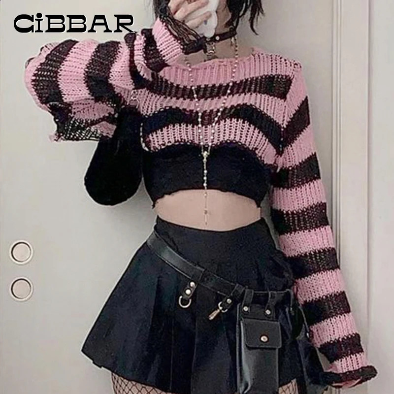 CIBBAR Vintage Y2k Cropped Sweater Smock Grunge 2000s Loose Full Sleeve Pink Striped Print Jumpers for Women Autumn Casual Chic 240801
