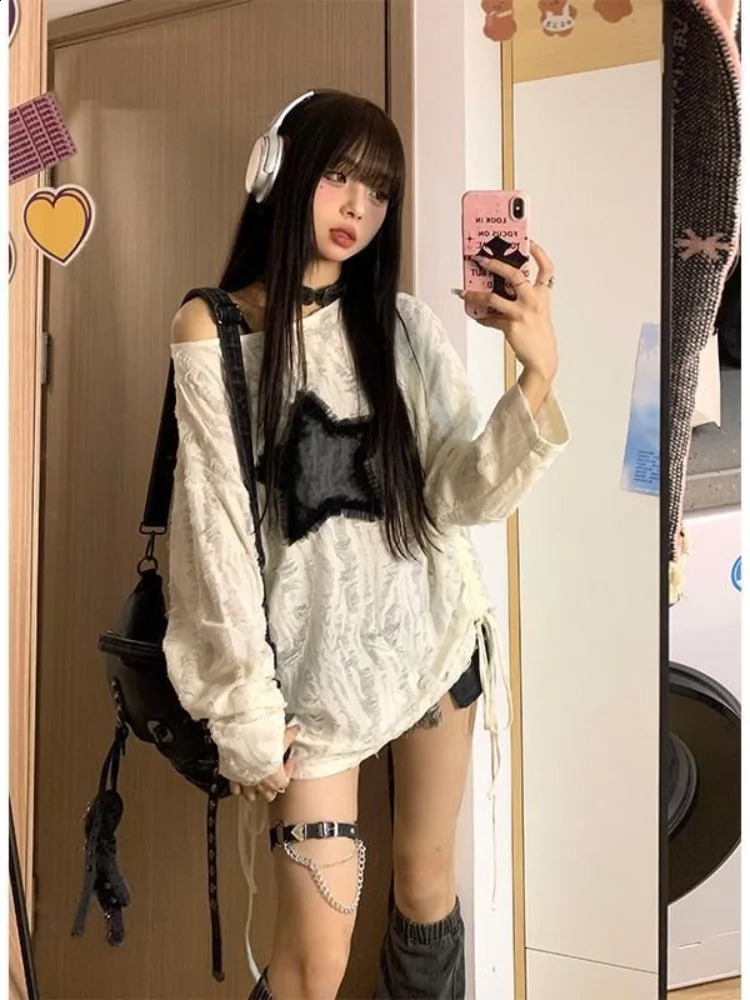 HOUZHOU Harajuku Vintage Hollow Out Sweater Women Autumn Streetwear Fairy Grunge Y2k Knitted Pullovers Gothic Girl Top 240812
