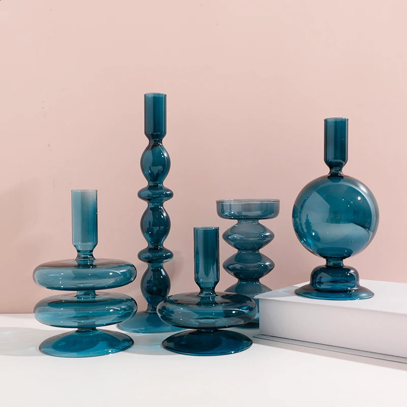 Deep Blue Green Glass Candle Holder Table Bookshelf Home Decoration Tapered Candle Holder Banquet Party Wedding Decoration 240801