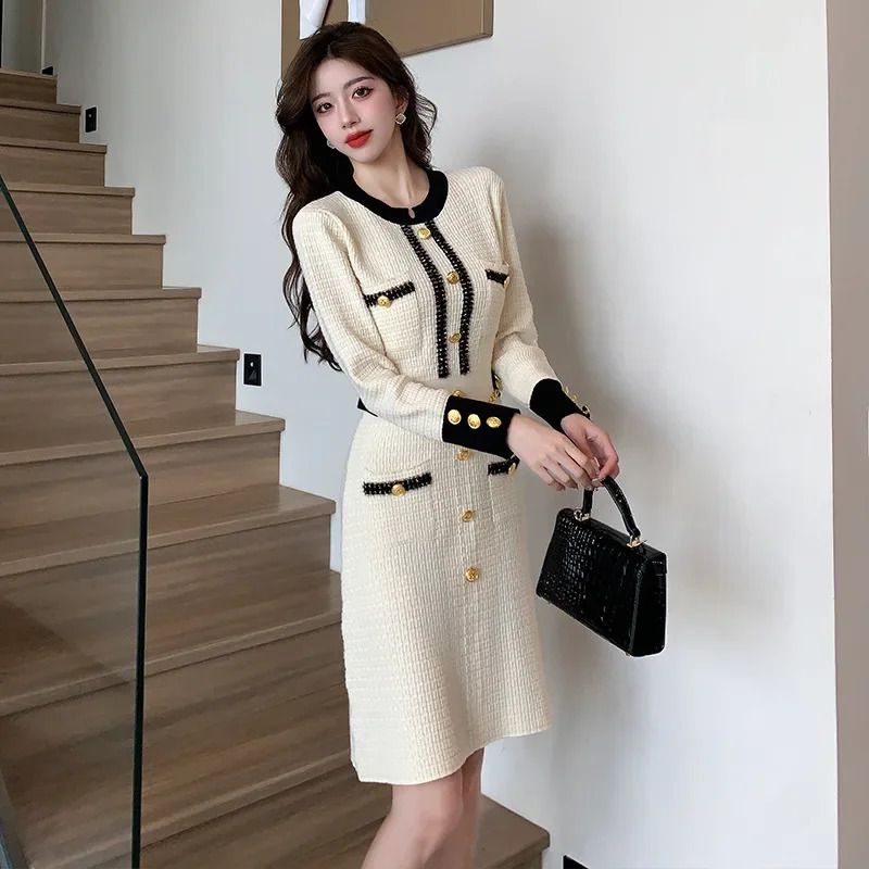 Elegant Tweed Style Long Sleeve Round Neck Dress Womens Autumn/winter Socialite Style Knitted Dress 240801