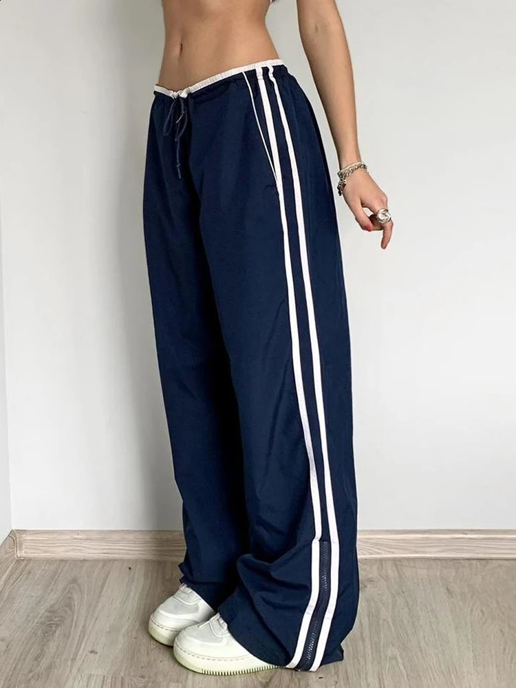 Sweetown Side Zipper Split Contrast Stripe Loose Casual Women Straight Leg Pants Y2K Baggy Trousers 240821
