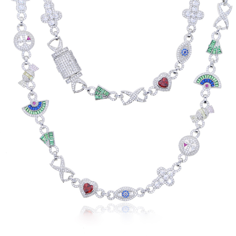 Hip Hop Colorful Charm Eye Cross Heart Cuban Chain Necklace 5A Zircon Rap Jewelry
