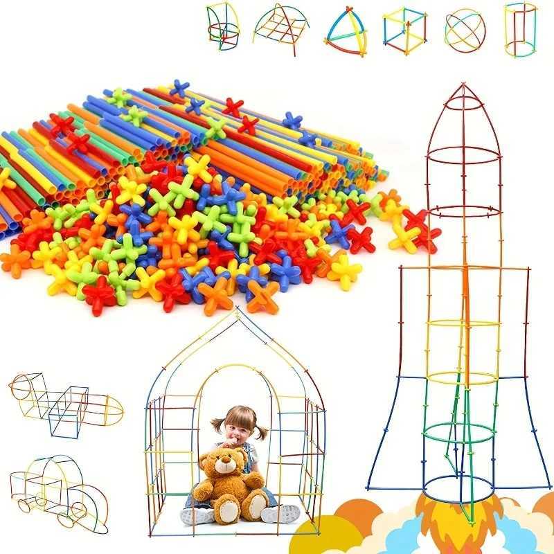 Creative Straw STEM Building Toys 100Pcs Interlocking Plastic Thin Tube Building Blocks Educational Toys for Children Boys Girls Y240731