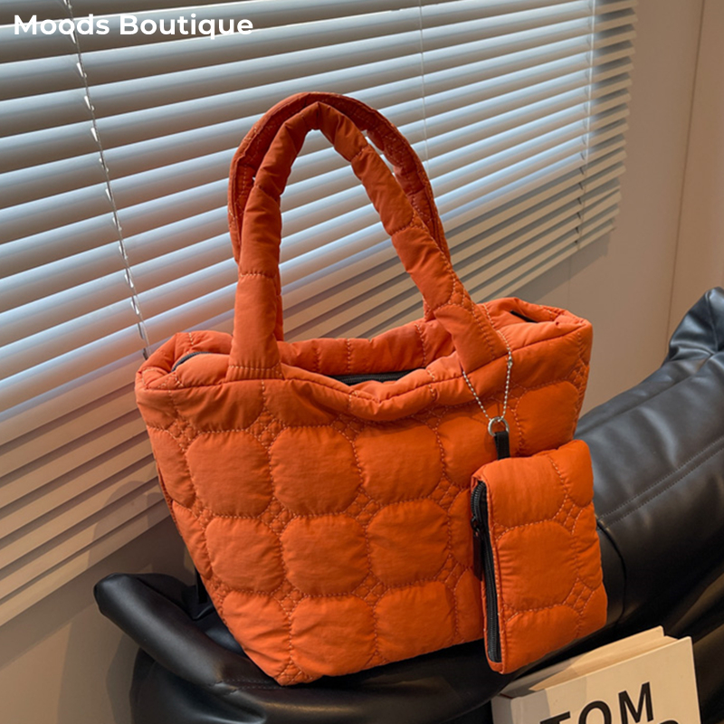 Down Feather Padded Shoulder Bag Set For Women 2023 Luxury Designer Handbags Embroidery Thread Plaid Large Capacity Shopper Tote