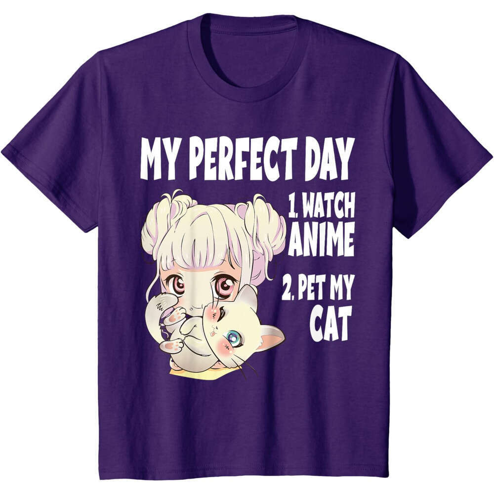 T shirt Mens Womens Funny My Perfect day Anime and Cat Lover Manga T-Shirt shirts tshirt graphic tee Casual tops summer clothes Short sleeve Free ship