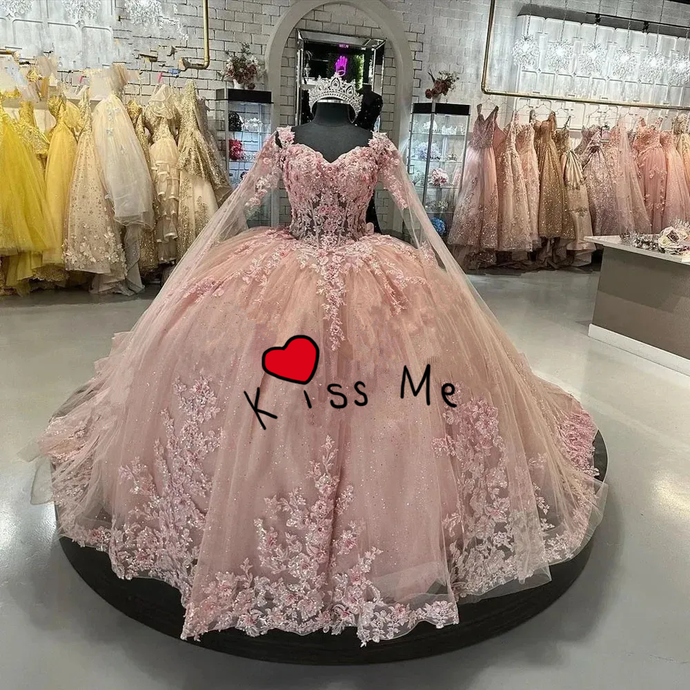 Pink Princess Quinceanera Dresses with Cape Applique Lace-up Corset Cinderella Prom Birthday Sweet 16 Dress Sweetheart Red Floral Ball Gowns