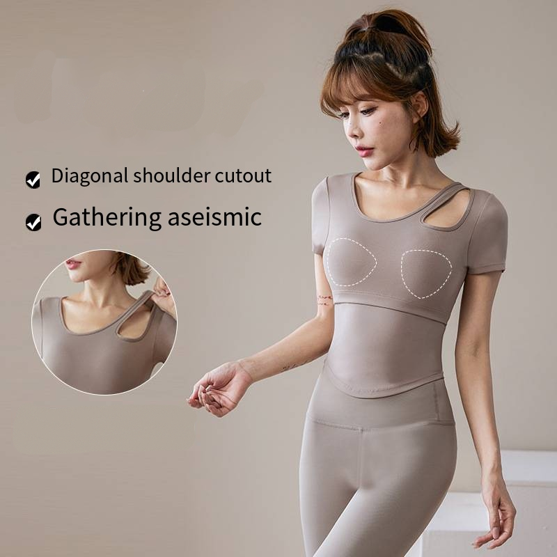 new short sleeve women with chest pad quick dry breathable thin tight running fitness sports short sleeve yoga top
