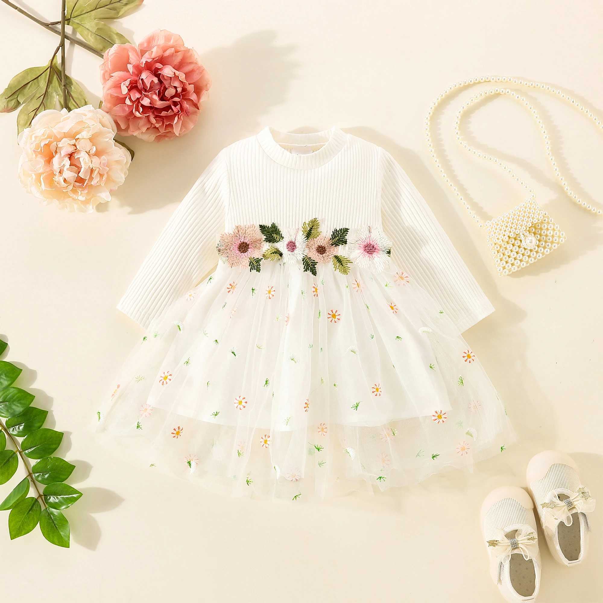 Infant Baby Girls Long Sleeves Round Neck Flower Embroidery Tulle Splicing Dress Toddler Clothes X250220