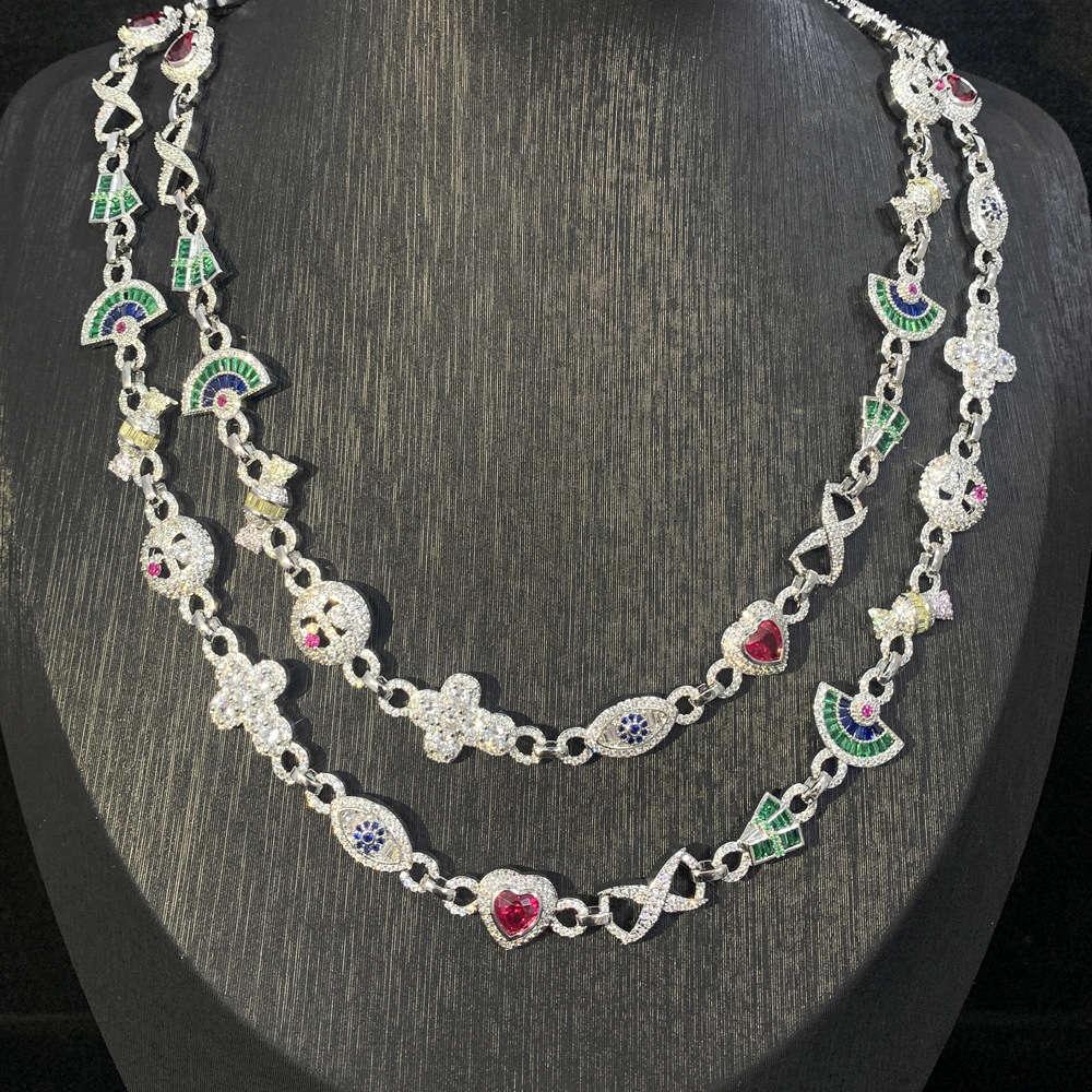 Hip Hop Colorful Charm Eye Cross Heart Cuban Chain Necklace 5A Zircon Rap Jewelry