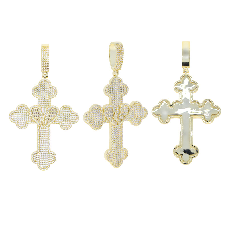 Hip Hop Lover Heart Cross Pendant Necklace 5A Zircon White Gold Plated Religious Jewelry