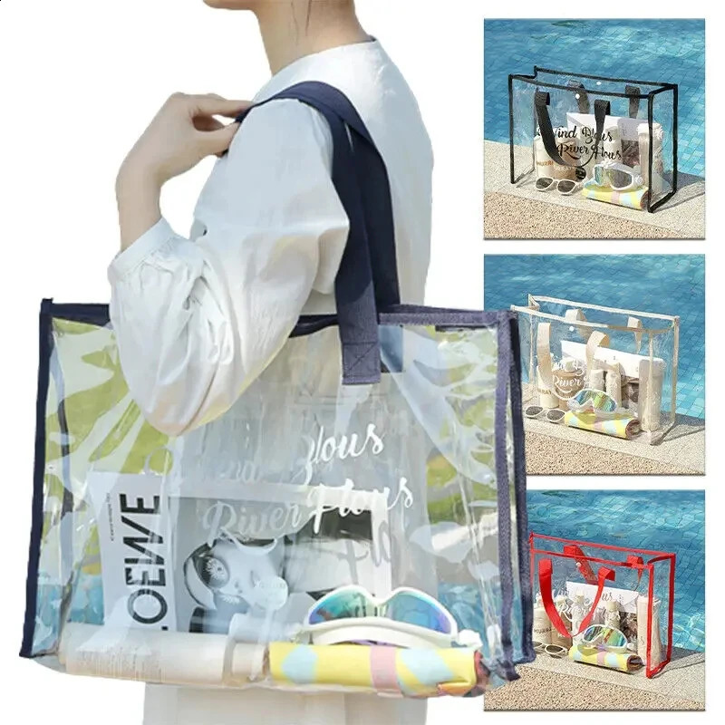 Summer large capacity swimming transparent visible tote thick PVC waterproof washing portable beach bag 240731