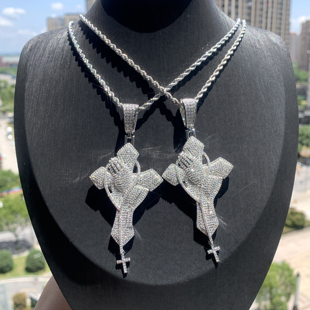 Hip Hop Prayer Hands Cross Pendant Necklace 5A Zircon White Gold Plated Religious Jewelry