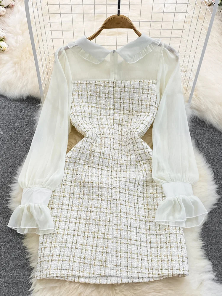 Korean Fashion Women Woolen Tweed Dress Autumn Winter Plaid Tweed Patchwork Chiffon Long Sleeve A Line Elegant Short Dress 240801