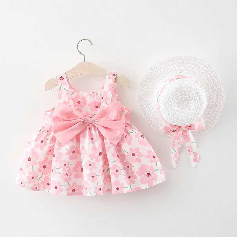 New summer girls dress sleeveless floral print large bow cotton dress set 2 pieces suitable for 0-3 years old X250220