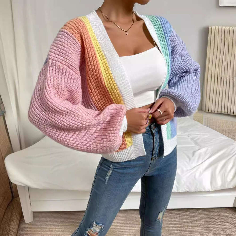 Dopamine splicing color blocking design exudes a stylish and fashionable vibe. Knitted cardigan womens lazy style long sleeved top sweater