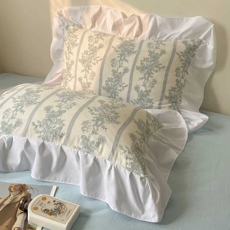 Korean style princess flower washed cotton bedding retro French floral lace ruffled down duvet cover pillowcase W240801
