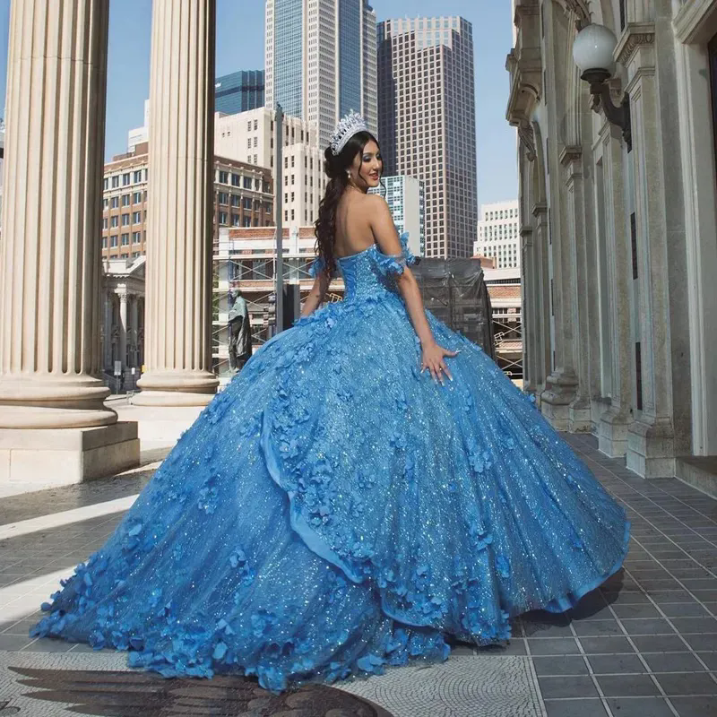Sky Blue Quinceanera Prom Dresses 3D Flowers Sequin Sweet 15 Party Gowns Sparking Bead Ball Gown Junior Girls Pageant Dress Sweet 16 Party Gowns