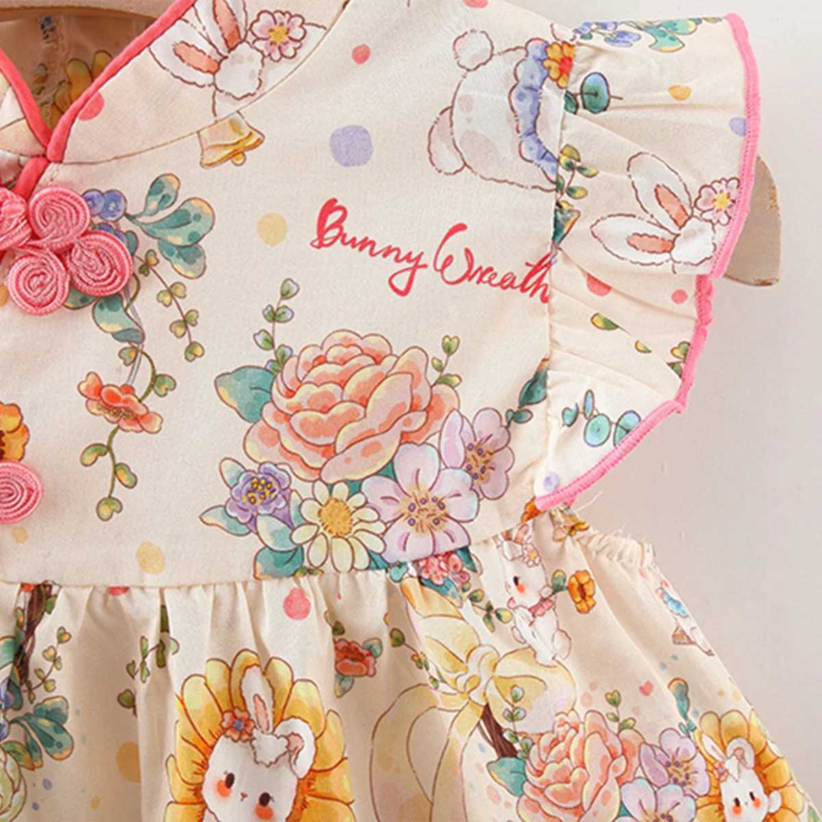 Summer Baby Girls New Dress Sweet Little Rabbit Printed Fly Sleeves Suitable for Chinese Style Qipao for Children Aged 80-120 X250220