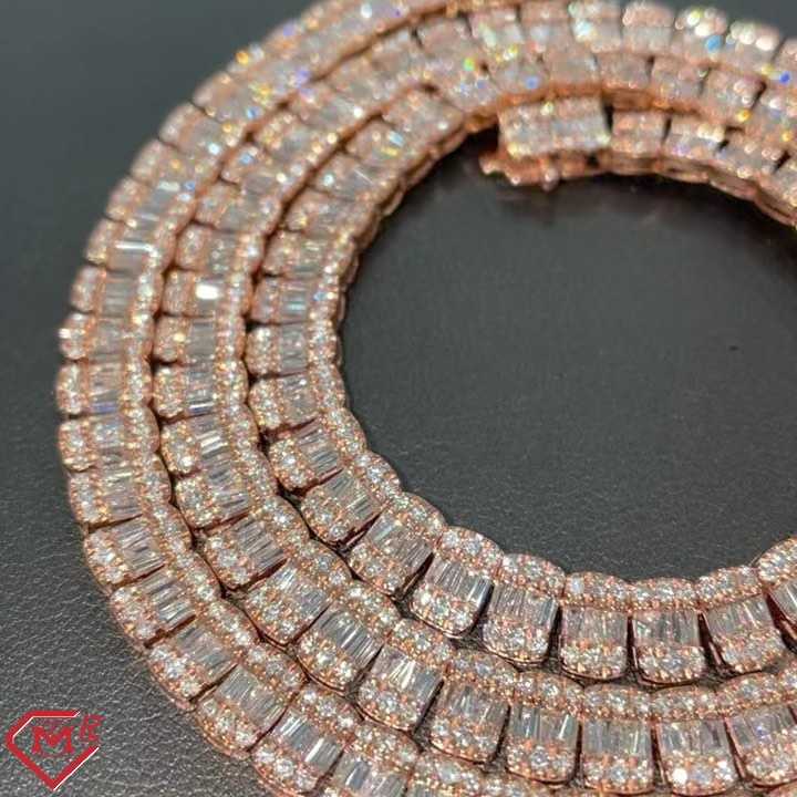 Hot Selling Elegant Baguette Tennis Necklace Iced Out Rose Gold Plated S925 Vvs Diamond Chain Silver Moissanite Tennis Chain