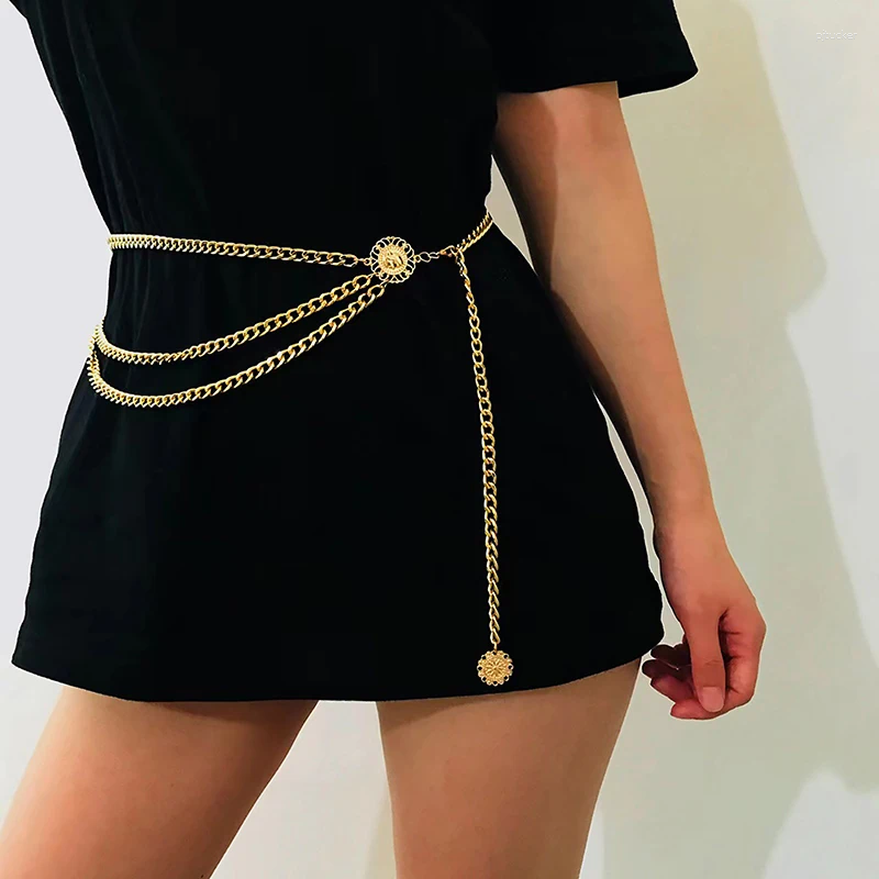 Belts Fashionable Womens Multi-Layered Chain Belt Gold Silver Metallic High Waist Body Dress Tassel