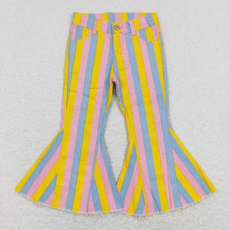 Wholesale Baby Girl Zipper Denim Trousers Blue Stripes Kids Jeans Children Toddler Flared Bell Bottom Pocket Resizable Pants Y240801