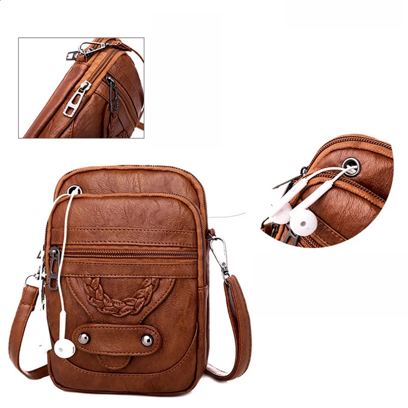 Retro Womens Handbag Soft Leather Shoulder Messenger Bag Cellphone Crossbody Multifunction Square Shopping Purse Bolsa 240731