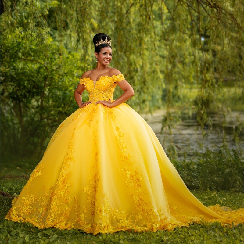 Mexico Yellow Shiny Ball Gown Quinceanera Ral Appliques Beaded Tull Sweet 16 Dress Lace Up Vestido De 15 Anos Bc20114 0220