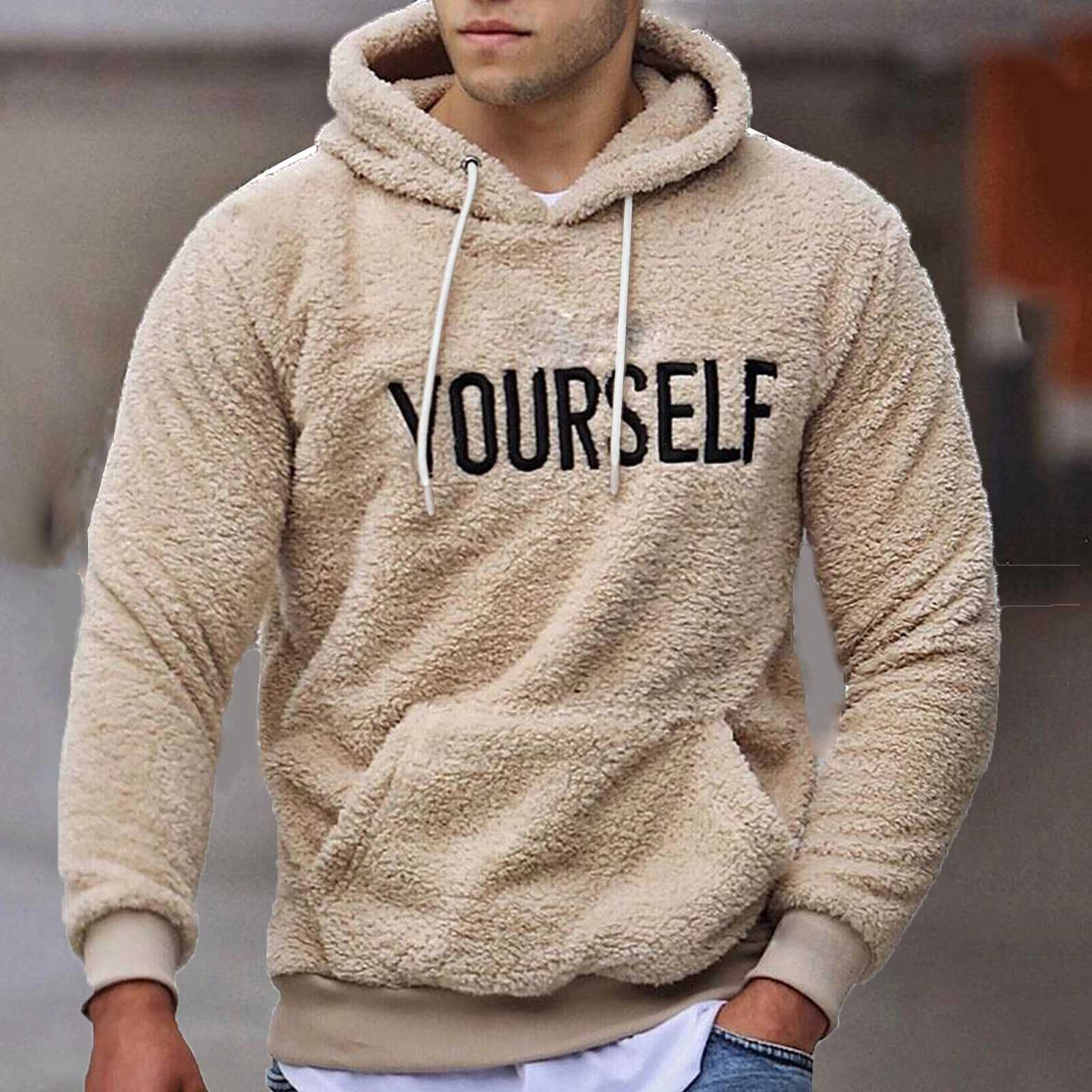 New Autumn and Winter Warm Mens Wool Hooded Sweatshirts Letter Print Hooded Pullover Kangaroo Pocket Hooded Fleece SweatshirtsM240730