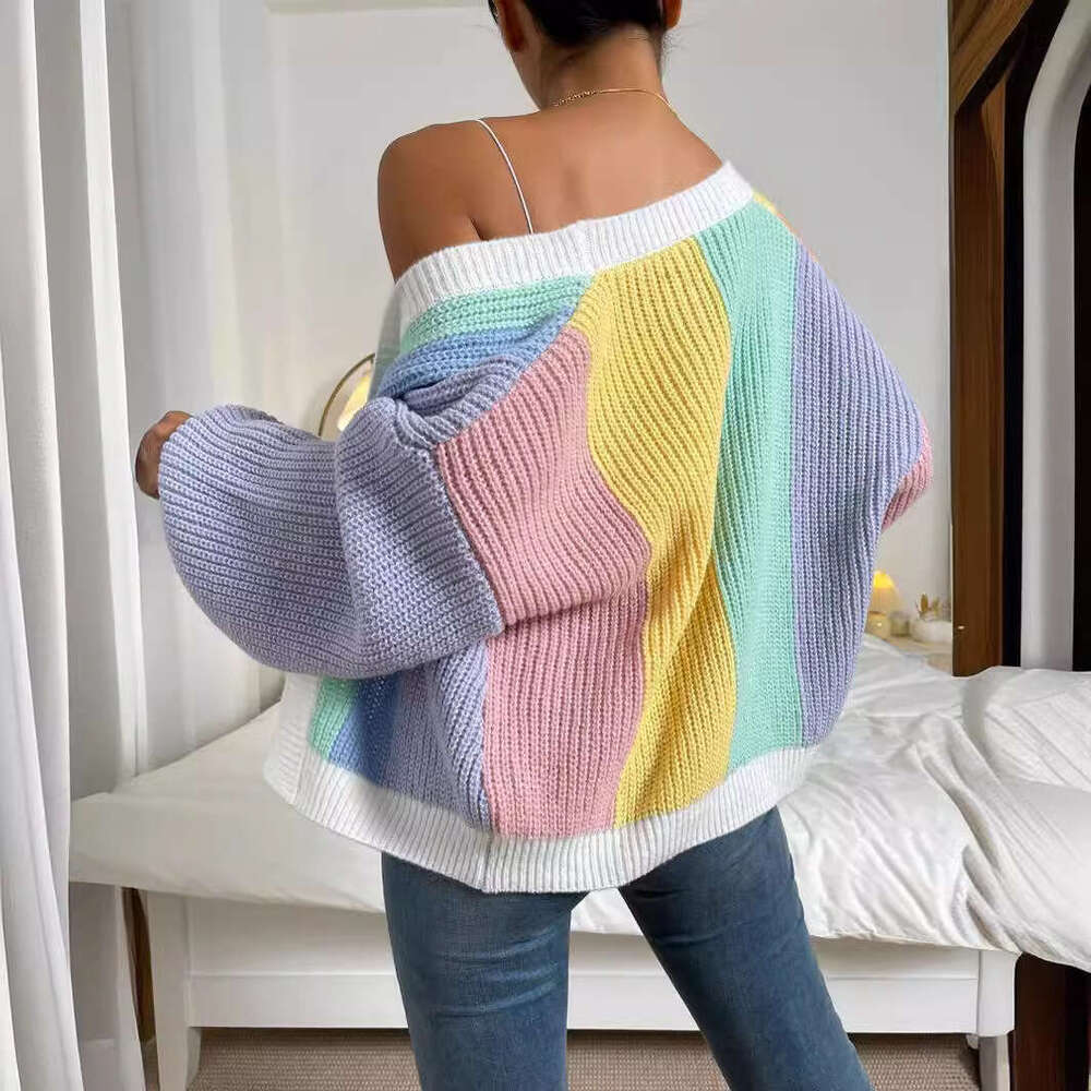 Dopamine splicing color blocking design exudes a stylish and fashionable vibe. Knitted cardigan womens lazy style long sleeved top sweater