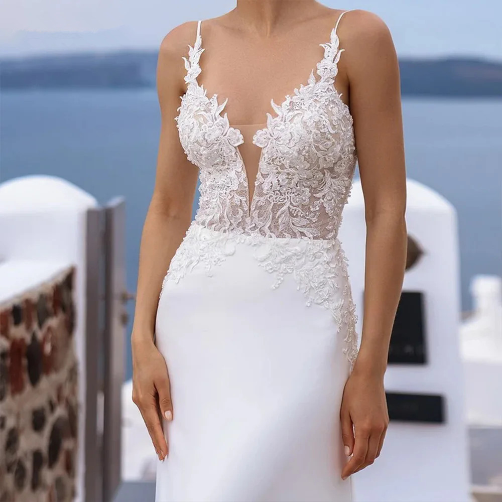 Modern V-Neck Mermaid Wedding Dress Spaghetti Straps Lace Appliques Backless Illusion Bridal Gown Vestidos De Novia