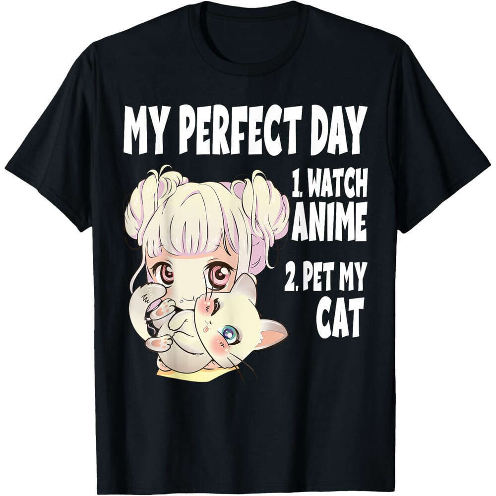 T shirt Mens Womens Funny My Perfect day Anime and Cat Lover Manga T-Shirt shirts tshirt graphic tee Casual tops summer clothes Short sleeve Free ship