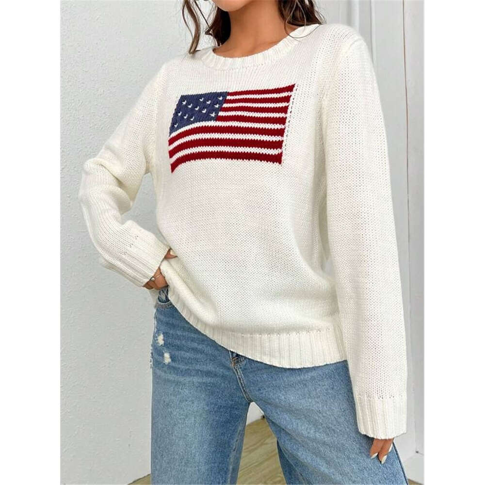 Autumn Winter New Loose Round Neck Flag Pattern Simple and Versatile Knitted Sweater