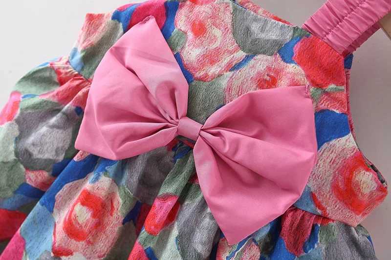 Girl's Dresses 2 Pcs Summer Baby Girl Dress Sweet Oil Painting Flower Big Bow Cotton Cloth Dress Gift Hat Suitable for 0-3 Years Old