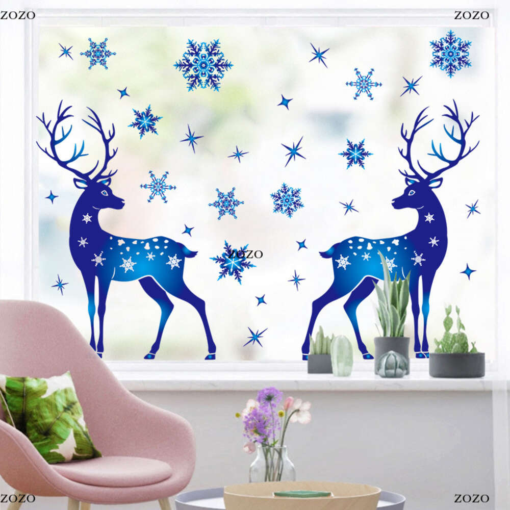 Christmas Decoration Snowflake Sticker Glass Window Decor Sticker Christmas Blue Snowflake Elk Electrostatic Sticker