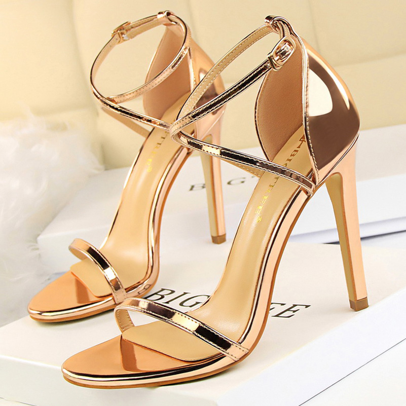 Women Fetish 8cm 11cm High Heels Summer Mid Low Heels Champagne Gold Sandals Roman Pumps Lady Gladiators Stiletto Stripper Shoes