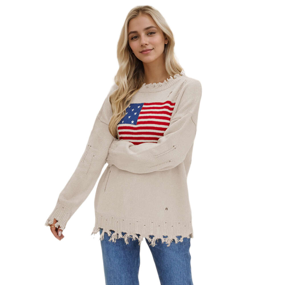 2024 Autumn/Winter New Temu Round Neck Flag Easter Independence Day Fashion Sweater for Women