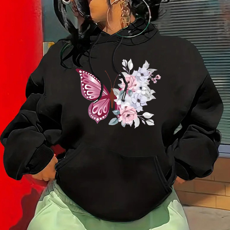 Autumn and Winter New Butterfly Letter Fashion Printed Back Collar with Velvet Hoodie Women's Clothing F8.1#30