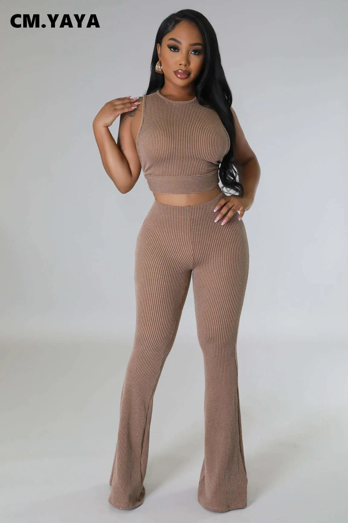 CM.YAYA Knit Ribbed Womens Set Open Side Tank Top and Flare Pants Suit Summer Active INS Two 2 Piece Set Outfit Tracksuit 240813