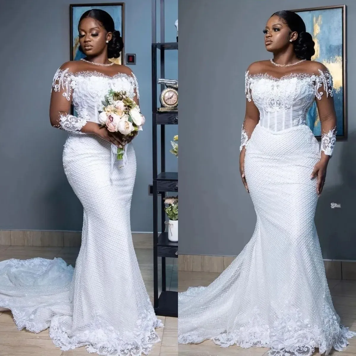 Plus Size Arabic Sheer Neck Mermaid Wedding Dress Sexy Long Sleeves Lace Beaded Bridal Gowns Vestidos De Novia Custom Made Lace Country Dress Second R