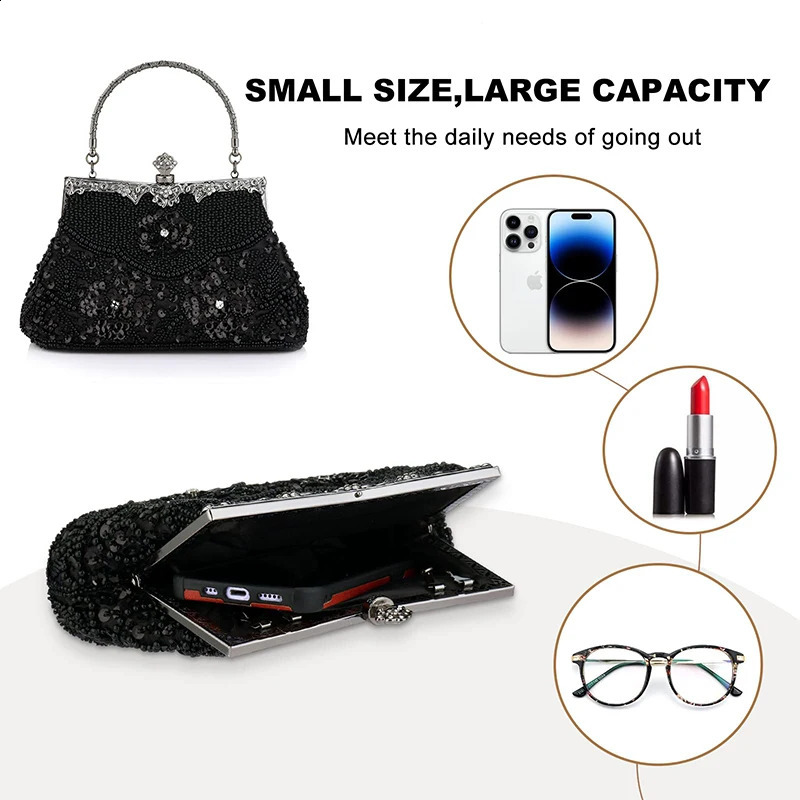 Womens embroidered bead sequin evening handbag retro shoulder bag wedding party elegant top 240724